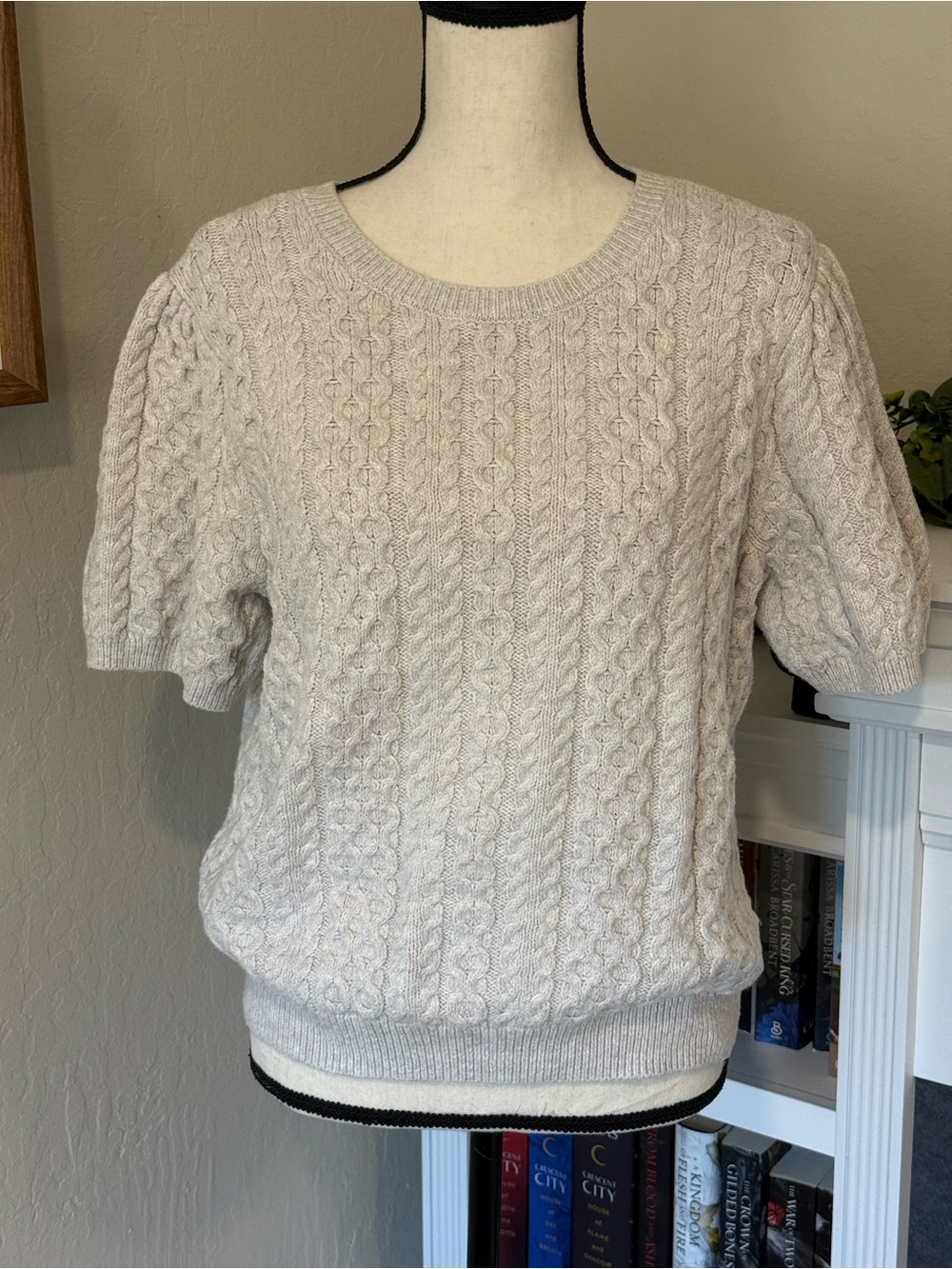 CeCe Women's Puff Short Sleeve Mixed Cable Knit Crew Neck Sweater